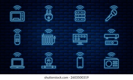 Set line Smart radio, Wireless TV box receiver, server, heating radiator, remote control, microwave oven, Tv system and electric plug icon. Vector