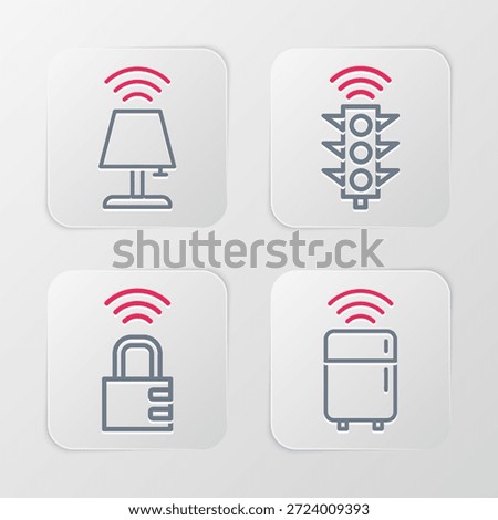 Set line Smart refrigerator, safe combination lock, traffic light and table lamp icon. Vector