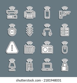 Set line Smart safe combination lock, Wireless mouse, server, smartphone, traffic light, Robot vacuum cleaner, TV box receiver and headphones icon. Vector