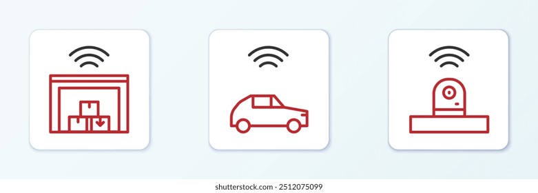 Set line Smart security camera, warehouse and car system with wireless icon. Vector
