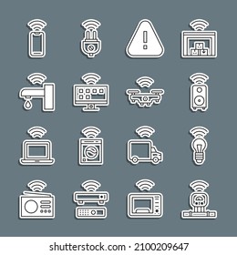 Set line Smart sensor, light bulb, stereo speaker, Exclamation mark in triangle, Tv system, water tap, Wireless smartphone and drone icon. Vector