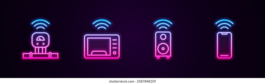 Set line Smart sensor, microwave oven, stereo speaker and Wireless smartphone. Glowing neon icon. Vector