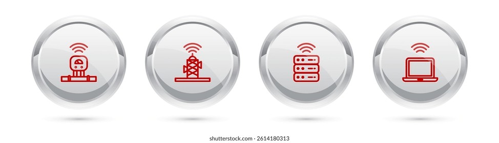 Set line Smart sensor, Wireless antenna, server and laptop. Silver circle button. Vector