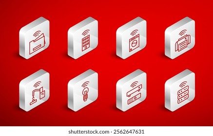 Set line Smart server, home with wireless, washer, printer, Wireless TV box receiver, light bulb and Robotic robot arm hand factory icon. Vector