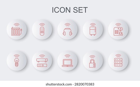 Set line Smart server, light bulb, headphones, safe combination lock, heating radiator, remote control, Wireless TV box receiver and laptop icon. Vector
