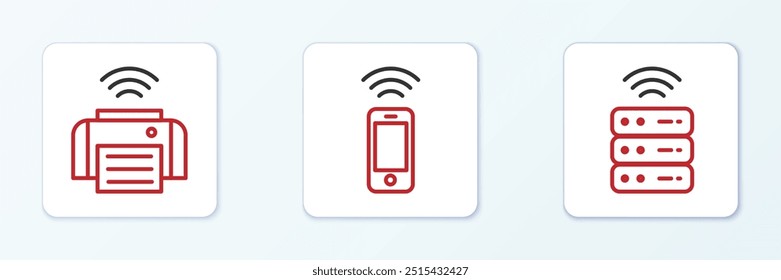 Definir linha Smart server, impressora e ícone de smartphone sem fio. Vetor