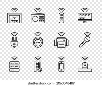 Set line Smart server, security camera, remote control, thermometer, warehouse, Robot vacuum cleaner, Wireless smartphone and microphone icon. Vector