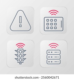 Set line Smart server, traffic light, Wireless tablet and Exclamation mark in triangle icon. Vector