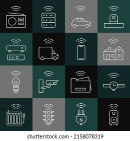 Poner en línea altavoz estéreo inteligente, Smartwatch, hogar con inalámbrico, sistema de coche, camión, receptor de caja de TV inalámbrica, radio e icono de smartphone. Vector