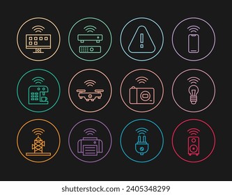 Ponga en línea altavoz estéreo inteligente, bombilla, marca de exclamación en triángulo, drone, máquina de café, sistema de televisión, cámara fotográfica e icono receptor de caja de TV inalámbrica. Vector