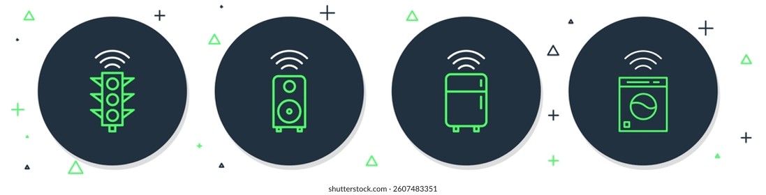 Set line Smart stereo speaker, refrigerator, traffic light and washer icon. Vector