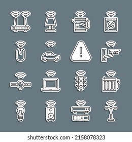 Set line Smart street light, heating radiator, security camera, electric kettle, car system with wireless, Wireless mouse, Router and wi-fi signal and Exclamation mark triangle icon. Vector