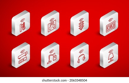 Set-line Smarttable-Lampe, Badezimmer-Waage, Ampel, elektrische Steckdose, Kopfhörer, Thermometer, Roboter Roboter Arm Fabrik und Wireless TV Box Empfänger Symbol. Vektorgrafik