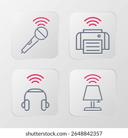 Set line Smart table lamp, headphones, printer and Wireless microphone icon. Vector