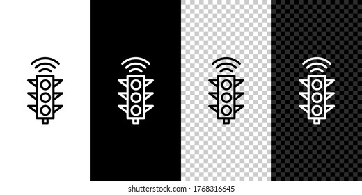 Set line Smart traffic light system icon isolated on black and white background. Internet of things concept with wireless connection. Vector