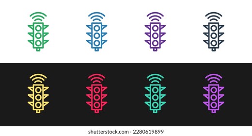 Set line Smart traffic light system icon isolated on black and white background. Internet of things concept with wireless connection.  Vector