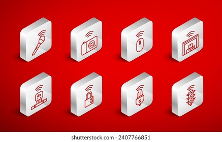 Die Linie Intelligente Ampel, Fotokamera, Wireless-Maus, Lager, Stecker, Mikrofon, sichere Kombinationssperre und Sensorsymbol. Vektorgrafik