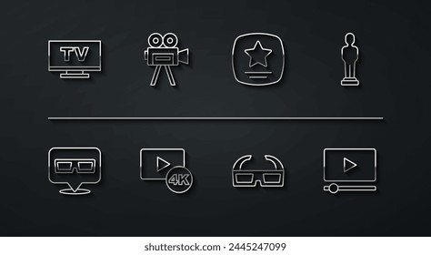 Set line Smart Tv, 3D cinema glasses, Movie trophy, Screen tv with 4k, Retro camera, Online play video and Walk of fame star icon. Vector svg