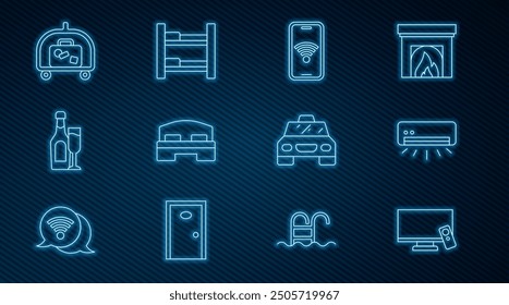 Set line Smart Tv, Air conditioner, Mobile with wi-fi wireless, Hotel room bed, Champagne bottle glass, luggage cart, Taxi and  icon. Vector