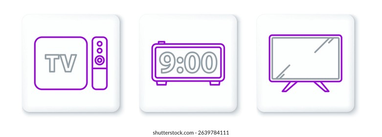 Set line Smart Tv, TV box receiver and player with remote controller and Digital alarm clock icon. Vector