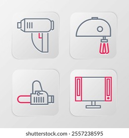 Set line Smart Tv, Chainsaw, Electric mixer and industrial dryer icon. Vector