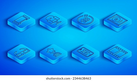Set line Smart Tv, Director movie chair, Plus 18, Movie trophy, Buy cinema ticket online, CD disk award frame, 3D glasses and Play video icon. Vector