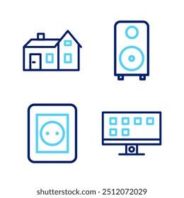 Set-Linie Smart TV, Steckdose, Stereo-Lautsprecher und House-Symbol. Vektorgrafik