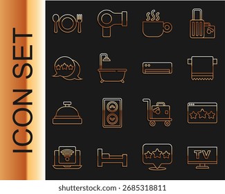 Set line Smart Tv, revisión de calificación de cinco estrellas, toalla en la percha, taza de café, bañera con ducha, placa, tenedor y cuchillo e icono de aire acondicionado. Vector