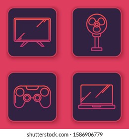 Set line Smart Tv , Gamepad , Electric fan  and Laptop . Blue square button. Vector