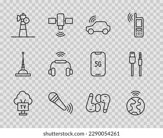 Línea Smart Tv, tecnología global, sistema de auto, micrófono inalámbrico, antena parabólica, auriculares, icono del cable de cable de aire y USB. Vector