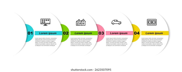 Set line Smart Tv, House, Car and Electrical outlet. Business infographic template. Vector