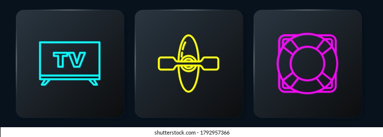 Set line Smart Tv, Lifebuoy and Kayak or canoe. Black square button. Vector