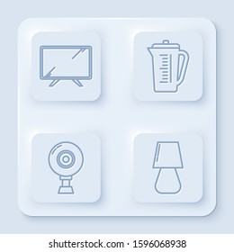 Set line Smart Tv , Measuring cup, Web camera  and Table lamp . White square button. Vector
