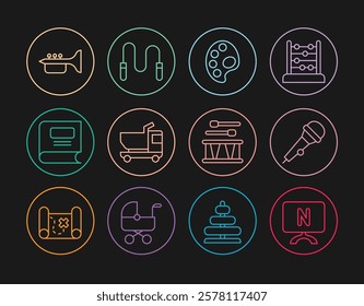 Set line Smart Tv, Microphone, Palette, Toy truck, Book, Trumpet, Drum with drum sticks and Jump rope icon. Vector