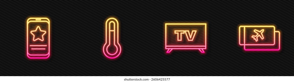 Set line Smart Tv, Mobile with review rating, Meteorology thermometer and Airline ticket. Glowing neon icon. Vector