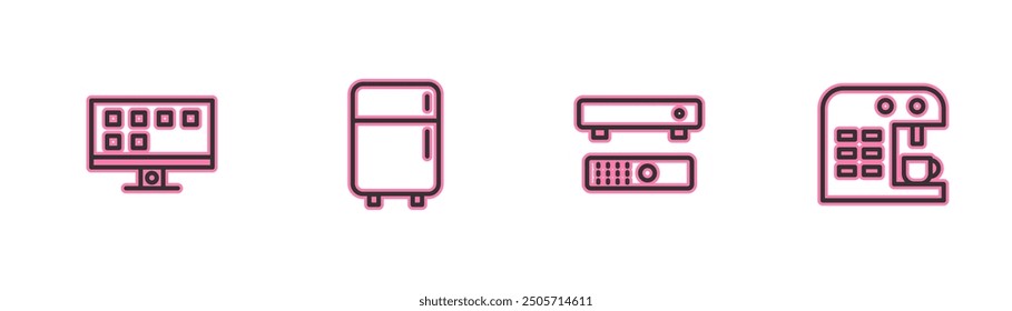 Set line Smart Tv, Multimedia and TV box, Refrigerator and Coffee machine icon. Vector