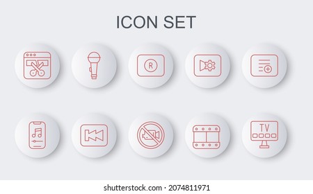 Set Line Smart Tv, Music Player, Record Button, Play Video, Video Recorder Editor, Microphone, Rewind And Prohibition No Recording Icon. Vector