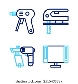 Set line Smart Tv, pistola de clavos, rompecabezas eléctrico e icono de pegamento caliente. Vector