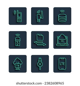 Set line Smart Tv, No usb cable cord, LTE network, data server, Transfer files, Usb wireless adapter, Mobile with wi-fi and Network cloud connection icon. Vector