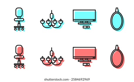 Set line Smart Tv, Office chair, Chandelier and Mirror icon. Vector