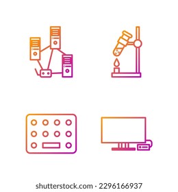 Set line Smart Tv, Pills in blister pack, Computer network and Test tube flask on fire. Gradient color icons. Vector