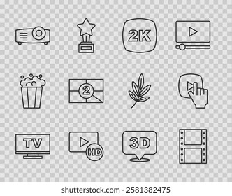 Set line Smart Tv, Play video, 2k Ultra HD, Hd movie, tape, frame, Movie, film, media projector, Old countdown, 3D word and Online play icon. Vector