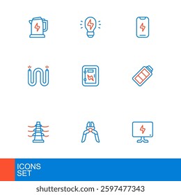 Set line Smart Tv, Pliers tool, Electric tower line, Battery charge, cable, Electrical panel, Mobile phone and Creative lamp light idea icon. Vector
