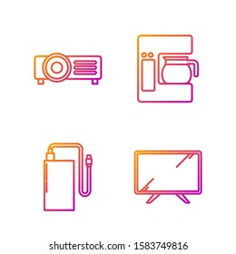Set line Smart Tv , Power bank with different charge cable , Presentation, movie, film, media projector  and Coffee machine with glass pot . Gradient color icons. Vector