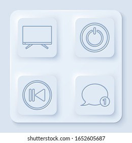 Establecer línea Smart Tv, botón de encendido, rebobinado y chats de burbujas de voz. Botón cuadrado blanco. Vector