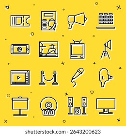 Set line Smart Tv, Retro cinema camera, Movie spotlight, Megaphone, Online play video, Cinema ticket and tv icon. Vector