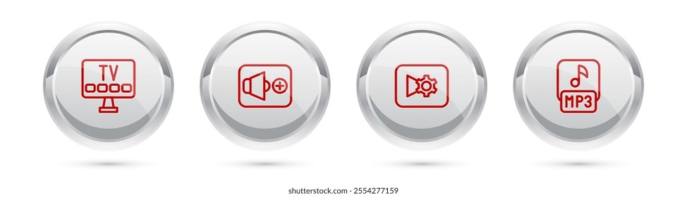 Set line Smart Tv, Speaker volume, Music or video settings and MP3 file. Silver circle button. Vector