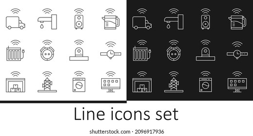 Set line Smart Tv system, Smartwatch, stereo speaker, Robot vacuum cleaner, heating radiator, truck, security camera and water tap icon. Vector