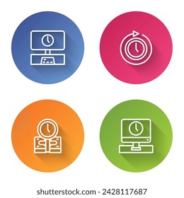 Set line Smart Tv time, Clock with arrow, Time is money and Monitor. Color circle button. Vector