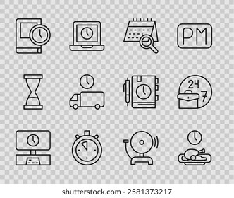 Set line Smart Tv time, Food, Calendar search, Stopwatch, Time for book, Delivery, Ringing alarm bell and Always busy icon. Vector